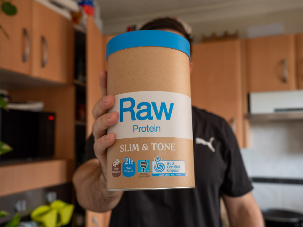 A picture of the triple chocolate Amazonia Raw protein powder used in my brekky smoothie.